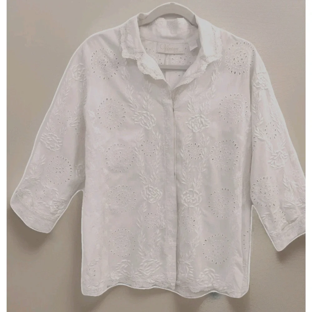 White Embroidered Blouse Vintage Inspired Sz 2 Romantic Cottagecore Fairycore - Picture 1 of 6